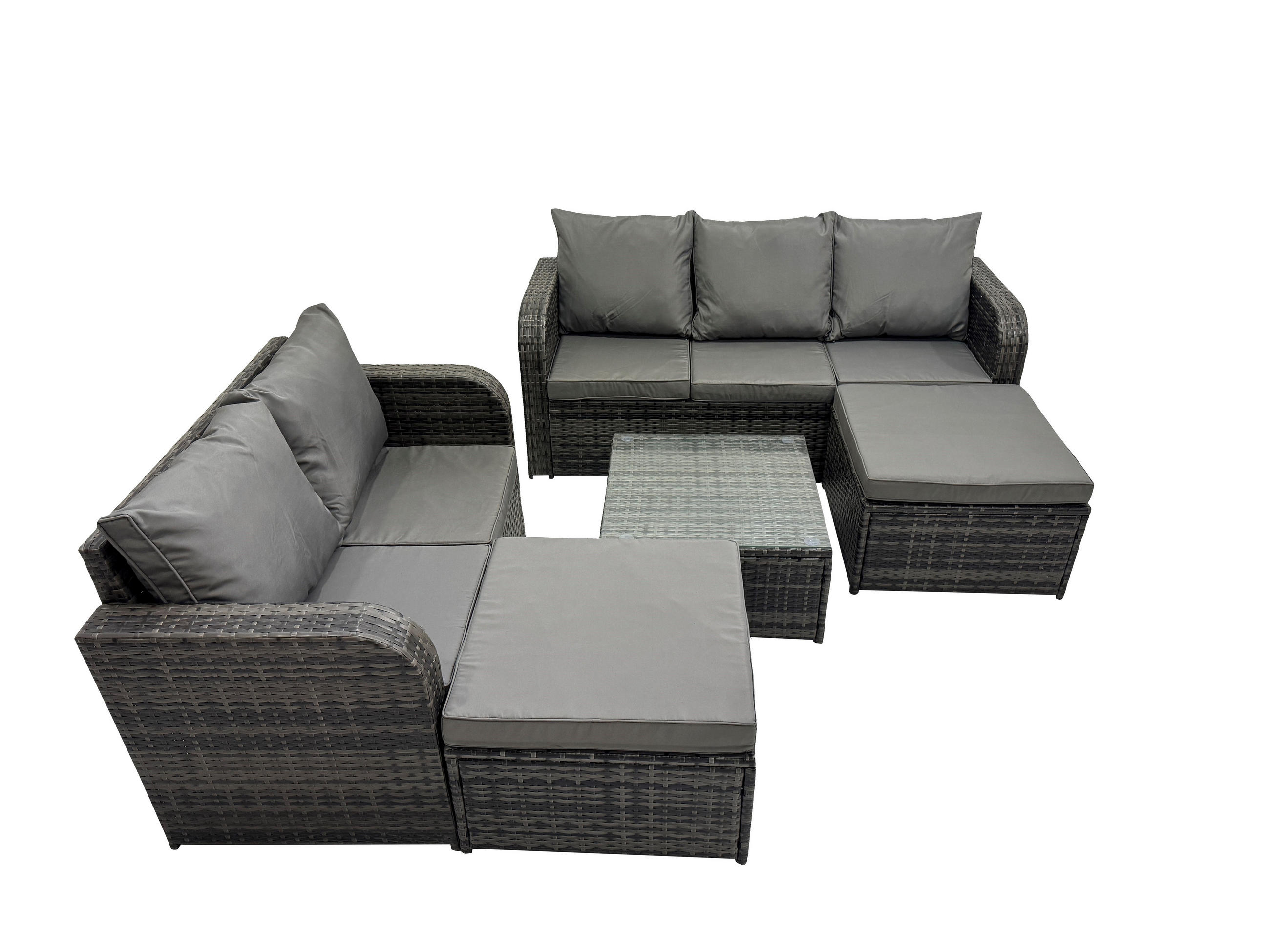 GARTENSOFA SET mit Couchtisch Polyrattan Dunkelgrau 5-teilige - Dunkelgrau/Grau, Glas/Kunststoff - Fimous