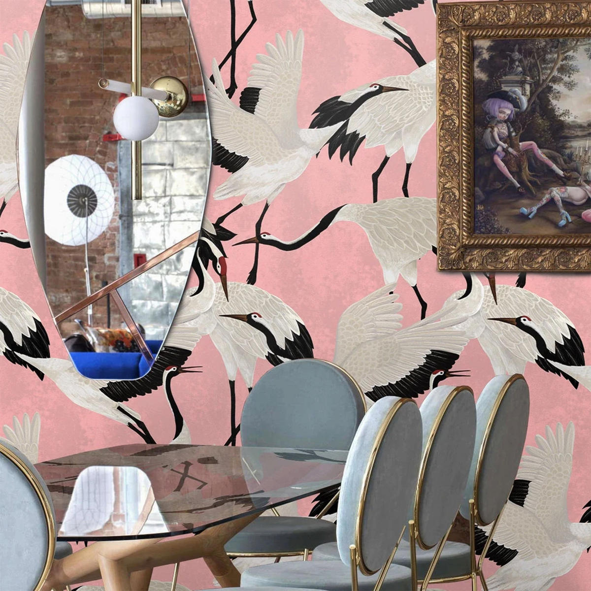 TAPETE Reiher aus echtem Papier, 200x280cm, 8 Bögen - Pink, Papier (200/280cm) - WALLPAPERS4BEGINNERS