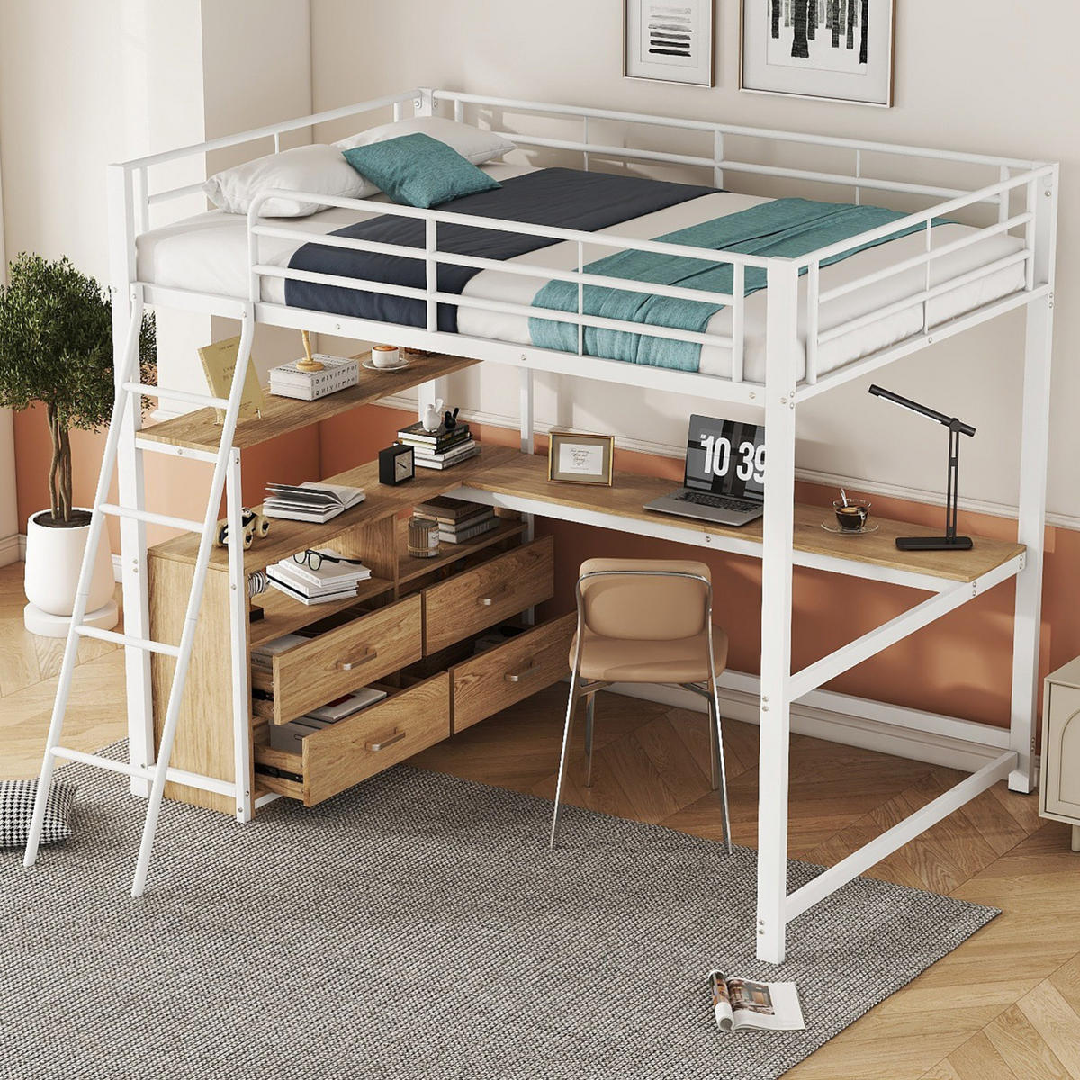 HOCHBETT 140/200 cm Weiß mit L-Schreibtisch und Schubladen - Weiß, Holzwerkstoff (140/200cm) - Flora Grace