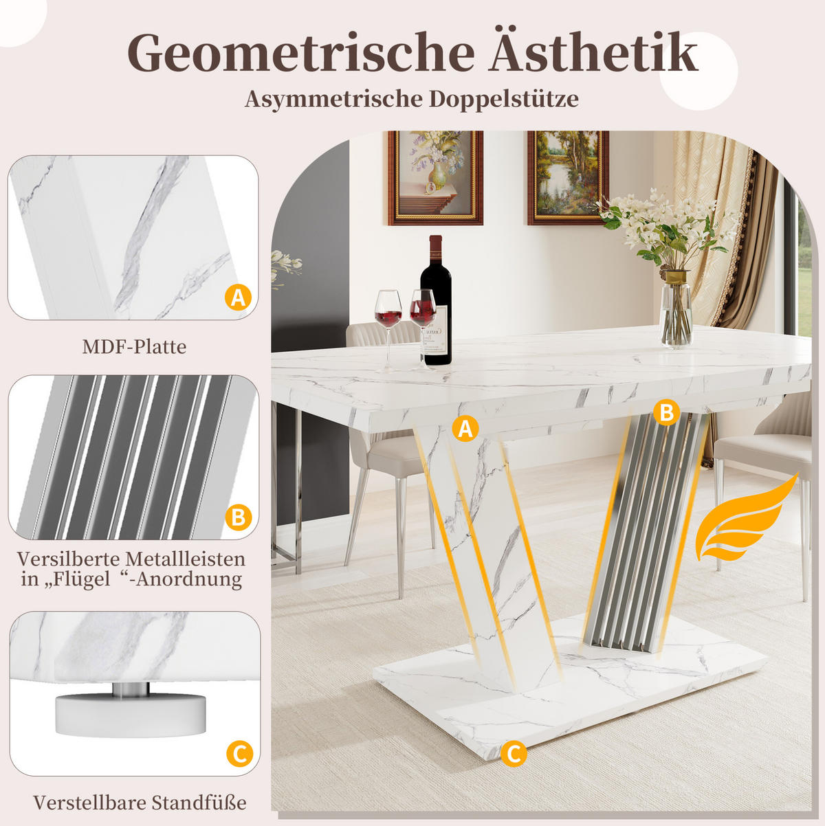 ESSTISCH 120/160/80/76 cm in Weiß mit Marmoroptik und Ausziehfunktion - Weiß, Holzwerkstoff (120/80/76cm) - Flora Grace