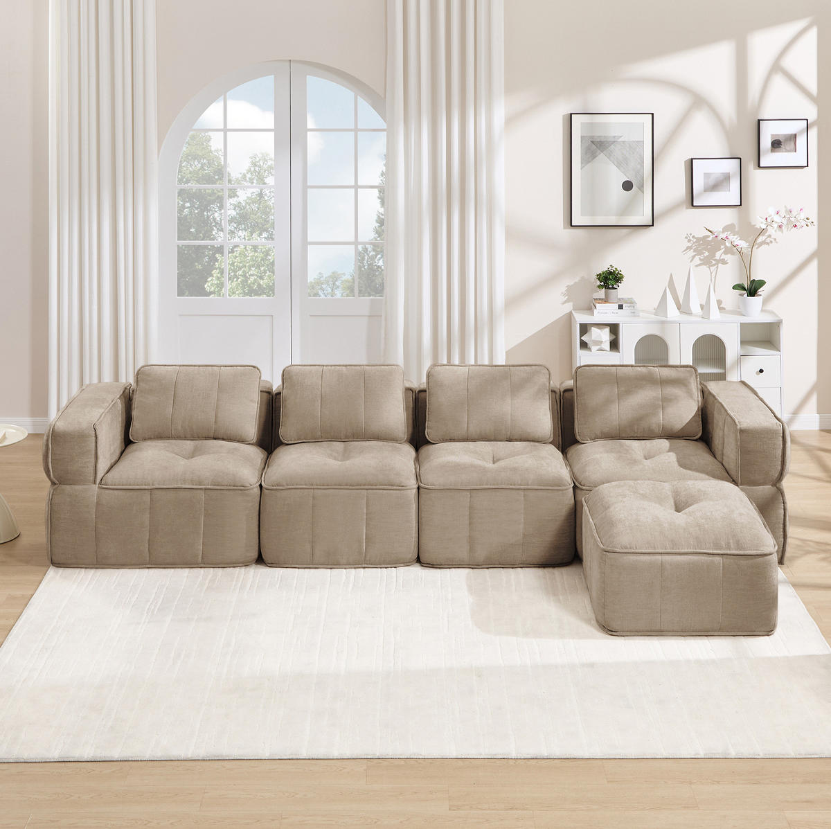 ECKSOFA 344/162/67 cm in Sand mit Hocker und rahmenlosem Design - Sandfarben, Kunststoff (162/344cm) - Flora Grace