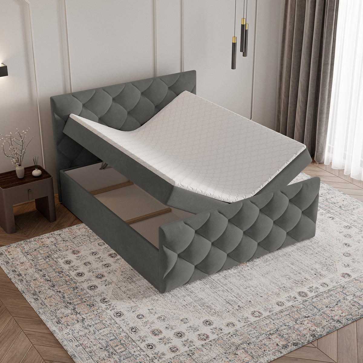 BOXBETT ROVARI 160x200 cm mit Matratze und Topper - Grau - Grau, Holz (160/200cm) - MASSENO