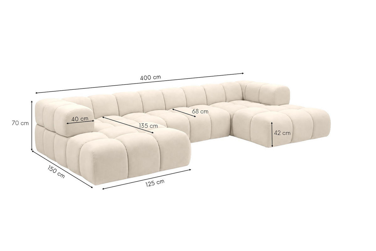 ROHOVÁ SEDAČKA ve tvaru U, velurová tkanina Bluvel, Krémová, Averro U XL - krémová, dřevo (400/70/150cm) - Kaiser Möbel