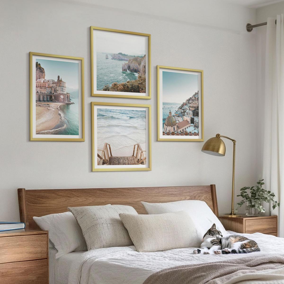 BILDER SET 4er Set - 50x50 cm & 40x60 cm Goldrahmen - Sommerliche Strandansichten in Pastellfarben - Goldfarben, Kunststoff (50/50cm) - TULUP