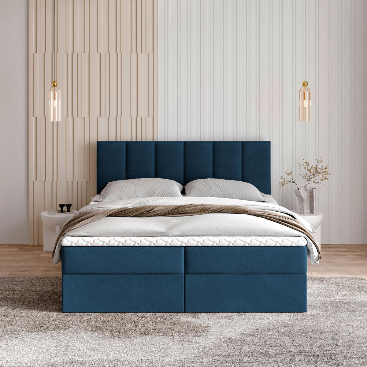 BOXBETT MERIL 140x200 cm mit Matratze und Topper - Blau - Blau, Holz (140/200cm) - MASSENO