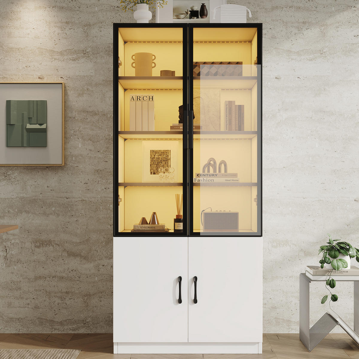 VITRINE LED Rauchglas Aluminiumrahmen 160cm 2 Türen Bücherregal - Weiß, Glas (120/160/40cm) - FLIEKS