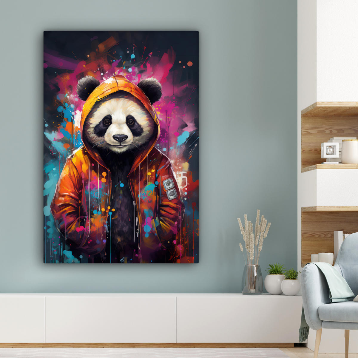 LEINWANDBILD Panda - Jacke - Graffiti - Orange Deko Groß 90x140 cm - Orange, Textil (90/140cm) - MuchoWow