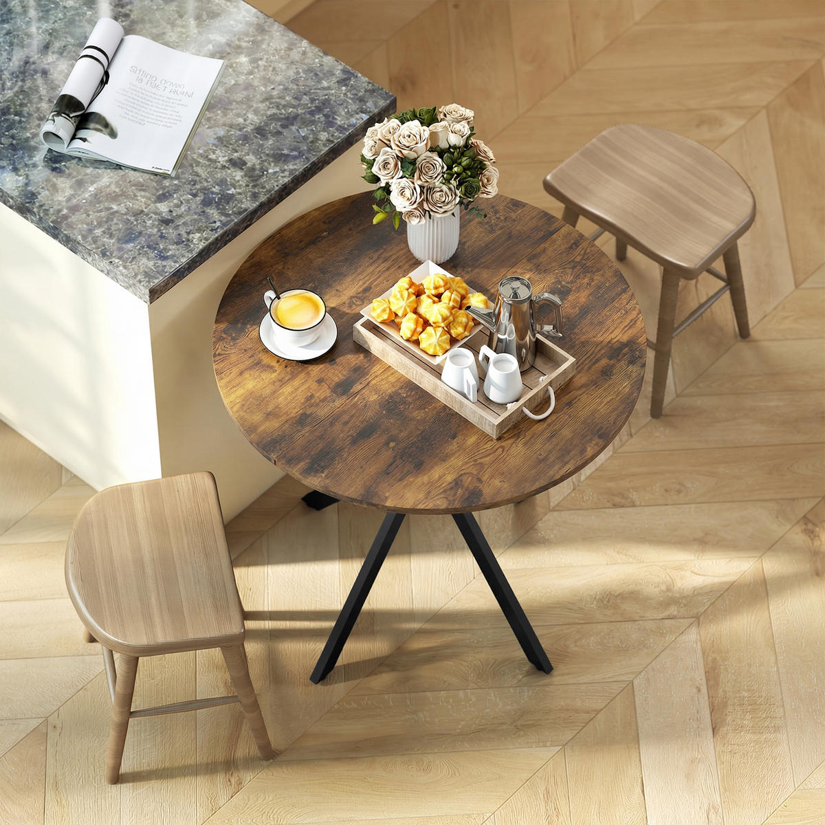 KÜCHENTISCH rund Braun 80/80/75 cm - Schwarz/Braun, Metall (80/80/75cm) - HOMCOM