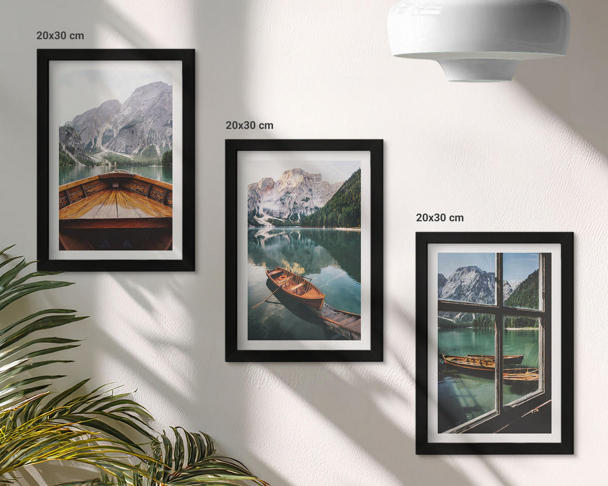 BILDER SET 3er Set - 20x30 cm Schwarzer Rahmen - Fenster für Boote auf dem Bergsee - Schwarz, Kunststoff (20/30cm) - TULUP