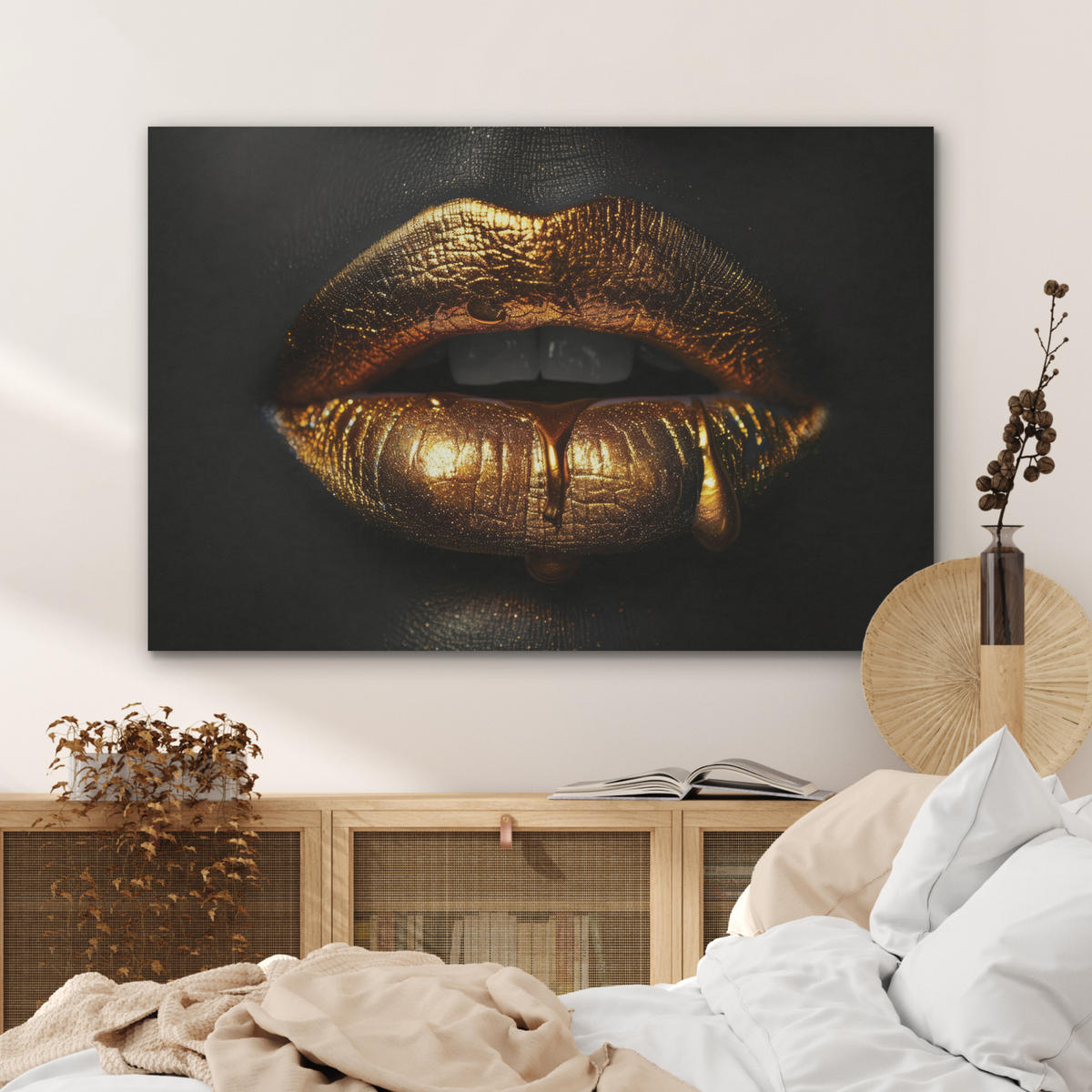 AKUSTIKBILD Frau - Porträt - Lippen - Gold - Schwarz Akustikpaneele 90x60 cm - Schwarz, Kunststoff (90/60/0.9cm) - MuchoWow