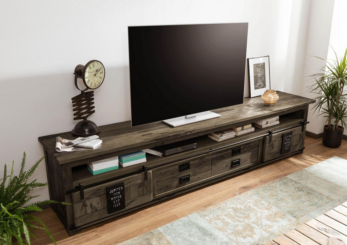 TV-BOARD Mango 260x50x60 grau lackiert RAILWAY #255 - Grau, Holz (260/60/50cm) - Massivmoebel24