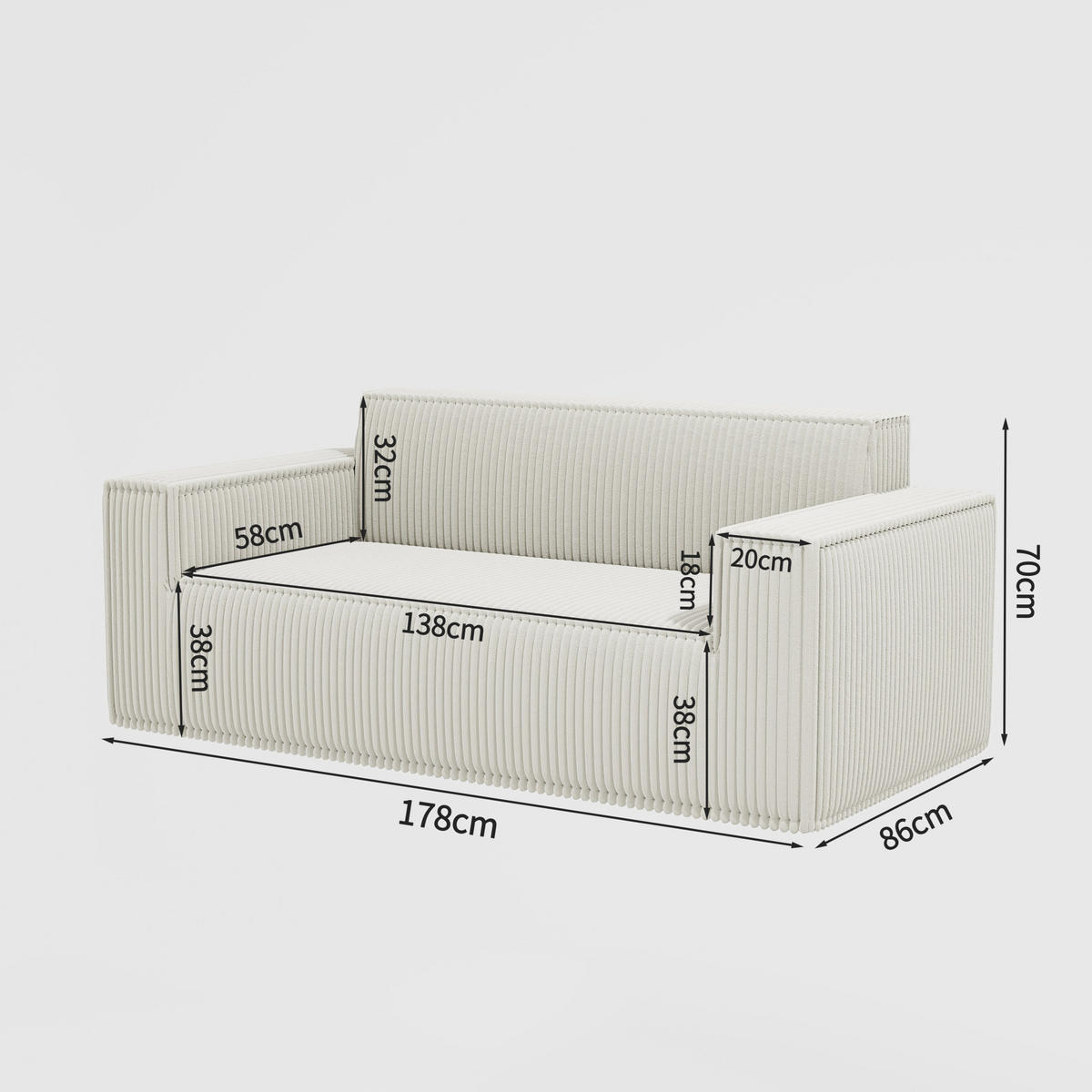 SOFA 2-Sitzer mit tiefer Sitzfläche Off White Cord - Weiß, Kunststoff (178/70/86cm) - Meubliv