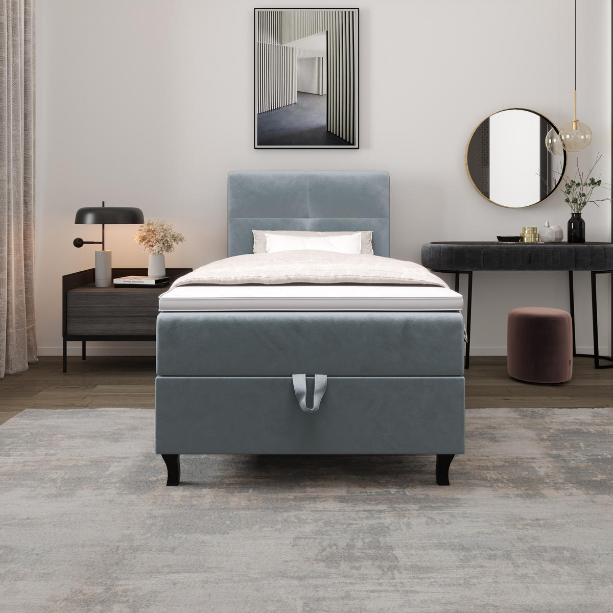 BOXBETT LIMBA mit Matratze H3 und Topper 80x200 Monolith 72 - Blau, Holz/Textil (80/200cm) - Bedante