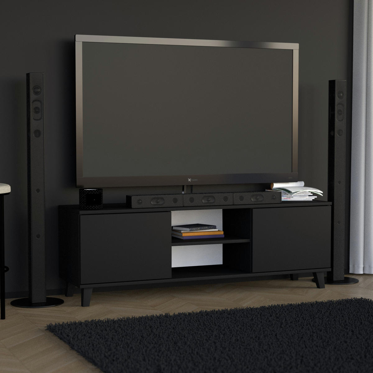 LOWBOARD Home mit 2 Türen, ohne Griffe, Schwarz - Schwarz, Holzwerkstoff (150/50/40cm) - Beautysofa