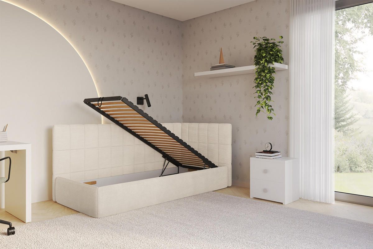 EINZELLBETT Jugendbett mit Bettkasten, Links - TULY 90x200 Beige - Creme, Holzwerkstoff/Textil (90/200cm) - ALTDECOR
