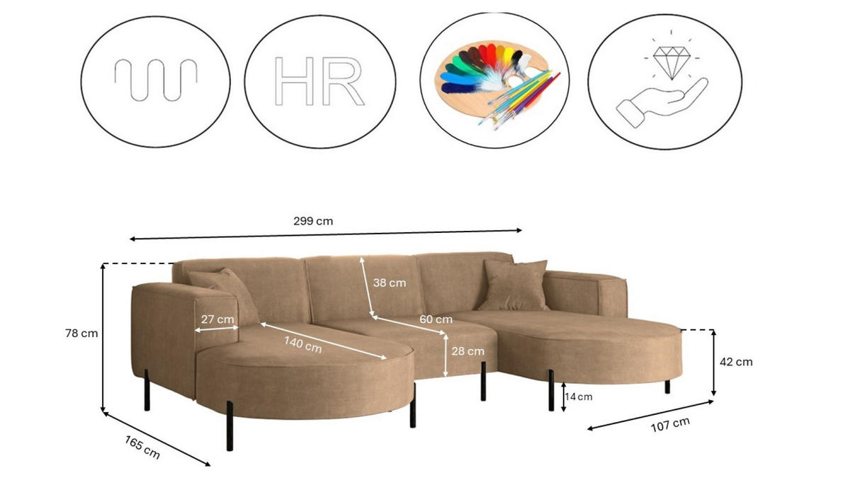 ECKSOFA U-Form Designer Modena Rein Stoff Noel Beige - Beige, Holz (165/299cm) - Kaiser Möbel