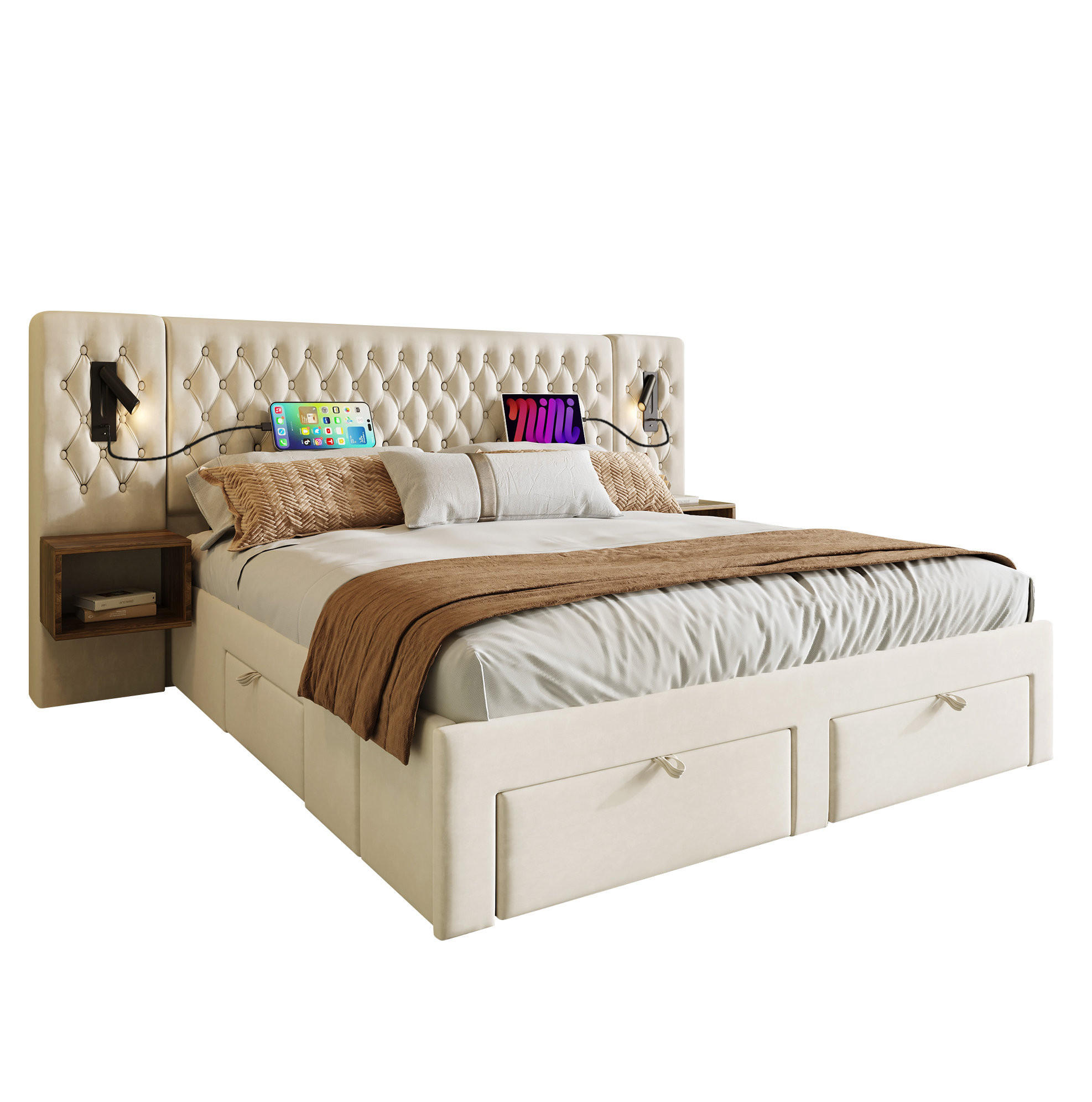 BETTANLAGE mit 2 Nachttischen 160x200 cm Samt Beige - Beige, Metall (160/200cm) - Meubliv