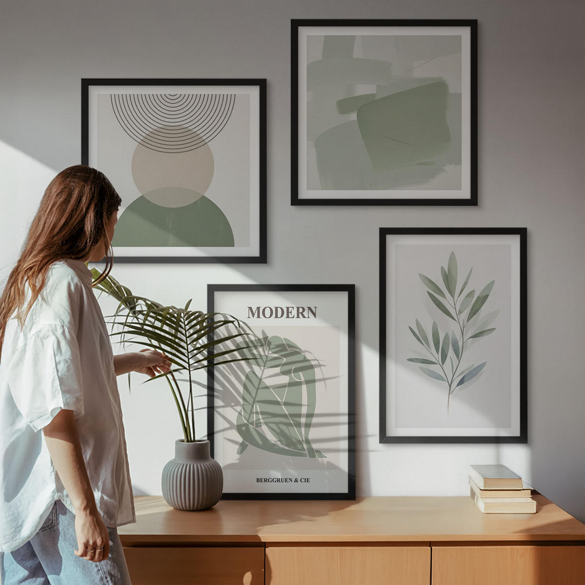 BILDER SET 4er Set - 50x50 cm & 40x60 cm Schwarzer Rahmen - Stilvolle abstrakte Pflanzengrafiken - Schwarz, Kunststoff (50/50cm) - TULUP