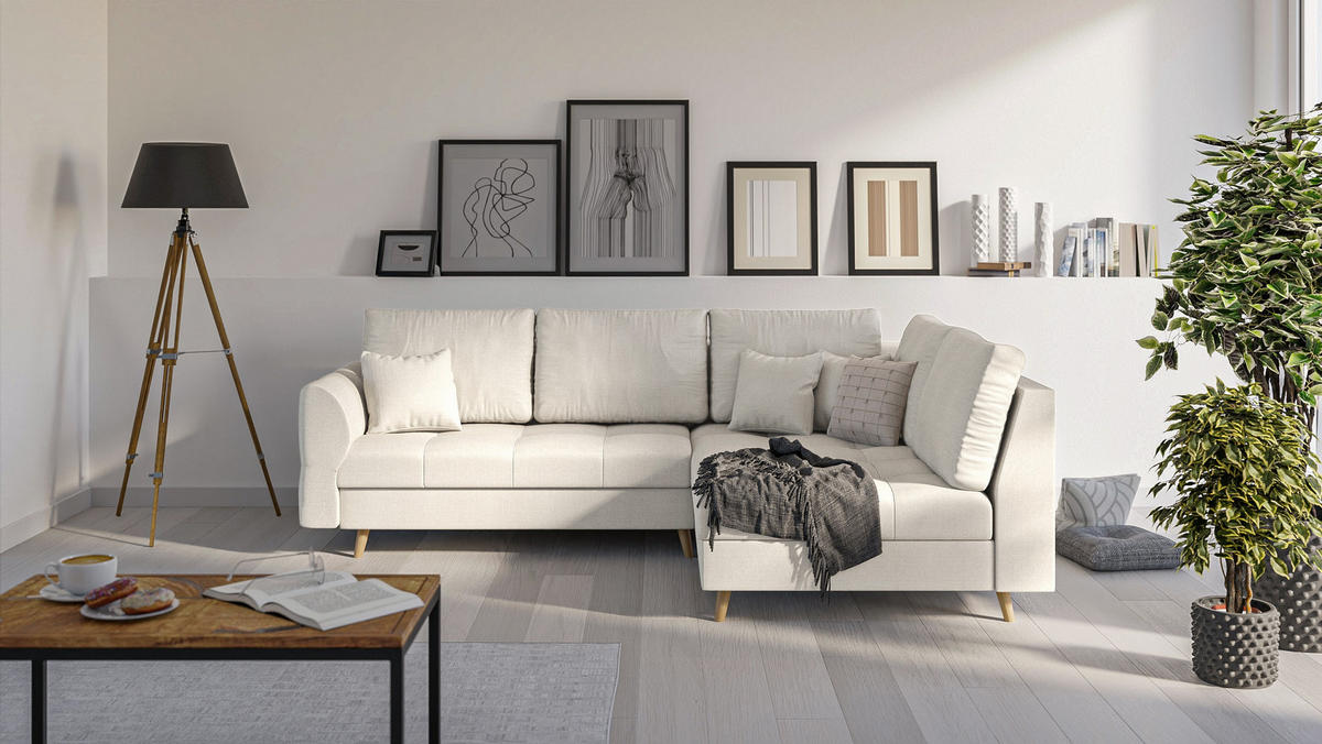 ECKSOFA MIT HOCKER Lorine Mikrofaser Ecru - Ecru/Hellbraun, Buchenholz/Textil (231/161cm) - S-Style Möbel