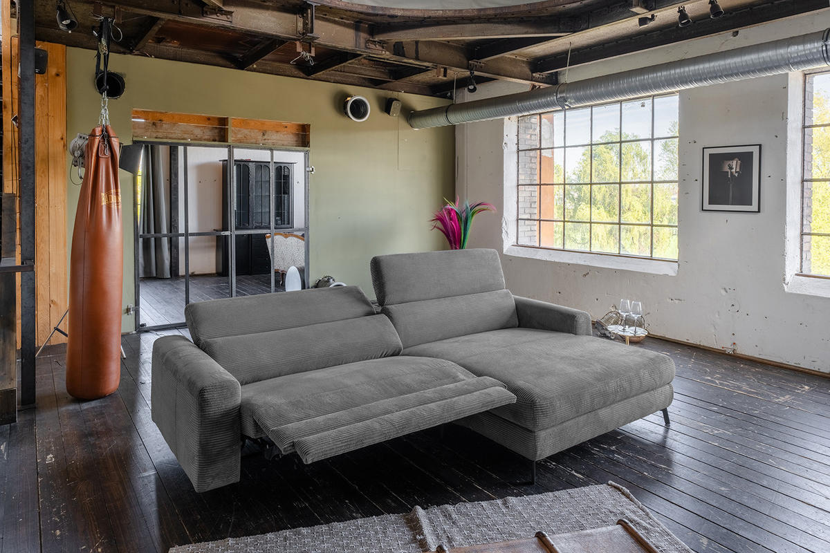 ECKSOFA LAISKA Grau Cord Relaxfunktion - Schwarz/Grau, Textil/Metall (282/177cm) - KAWOLA