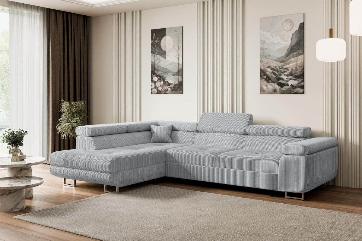 ECKSOFA mit Schlaffunktion und Bettkasten GUSA-L 272x202x107 cm Grau Cord - Silberfarben/Grau, Holzwerkstoff/Textil (202/272cm) - ALTDECOR