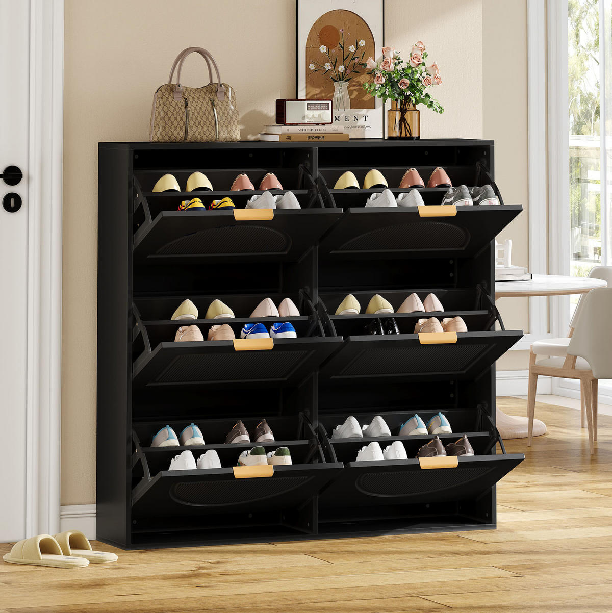 SCHUHSCHRANK 118/25/115 cm mit 6 Klappen, schmales Design in Schwarz - Schwarz, Holzwerkstoff (118/115/25cm) - BEAOK