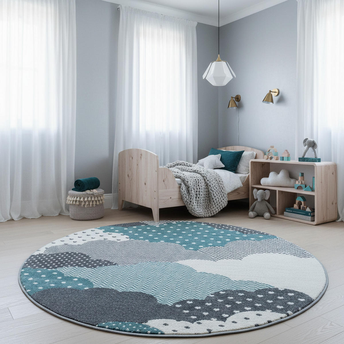 SPIELTEPPICH Wolken Kindgerecht Waschbar Kinderzimmer Schadstoffgeprüft Rund Blau 120x120 cm – NOLA - Blau, Textil (120/120cm) - KADIMA DESIGN