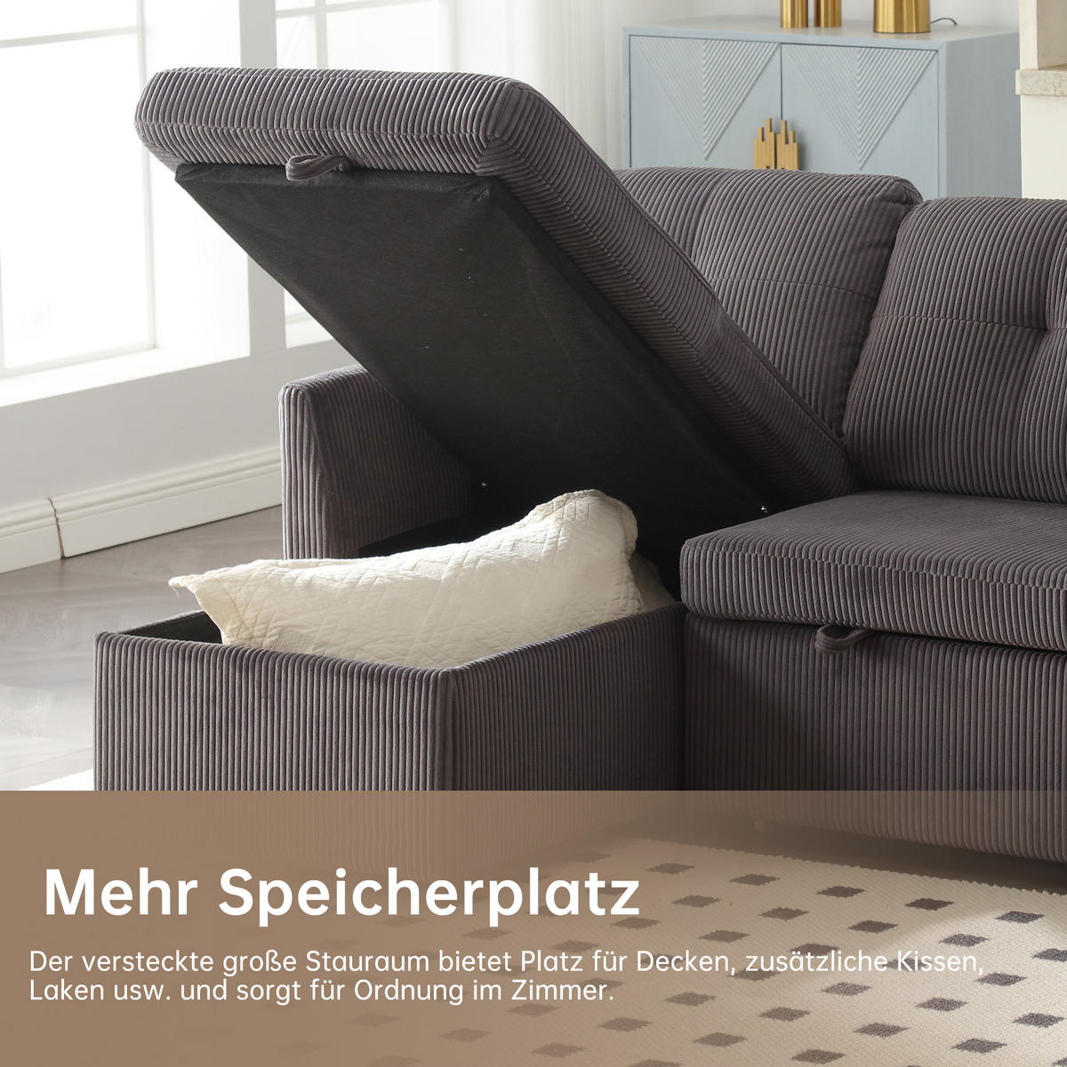ECKSCHLAFSOFA Cord mit Stauraum und umstellbarer Ottomane Dunkelgrau 206/108/66 cm - Dunkelgrau, Textil (108/206cm) - Redom