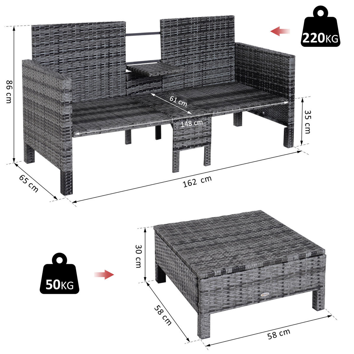 GARTENSET Grau Polyrattan + Metall 2er-Sofa 2 x Hocker Kissen - Grau, Kunststoff - Outsunny