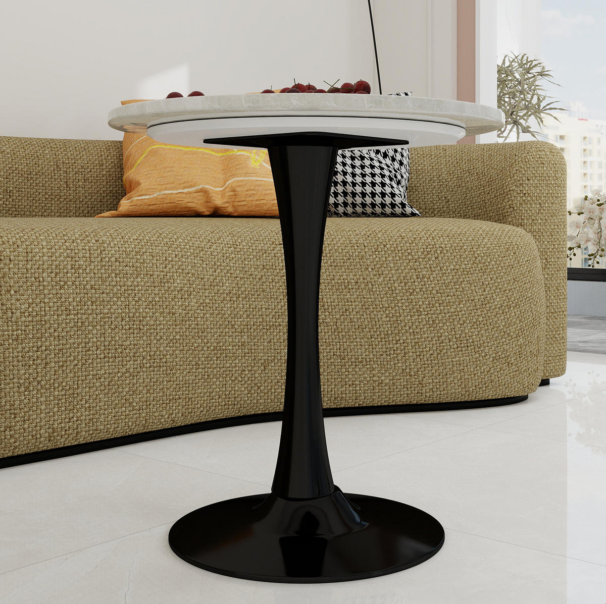 COUCHTISCH 70 cm in Schwarz/Weiß aus Kunstmarmor–rund und modern - Schwarz, Stein (70/70/72cm) - Flora Grace