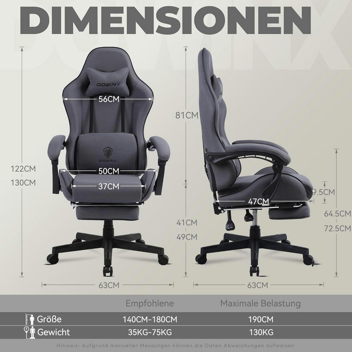 GAMING Stuhl mit Fußstütze Stoff Grau - Grau, Textil (83/22/57.5cm)