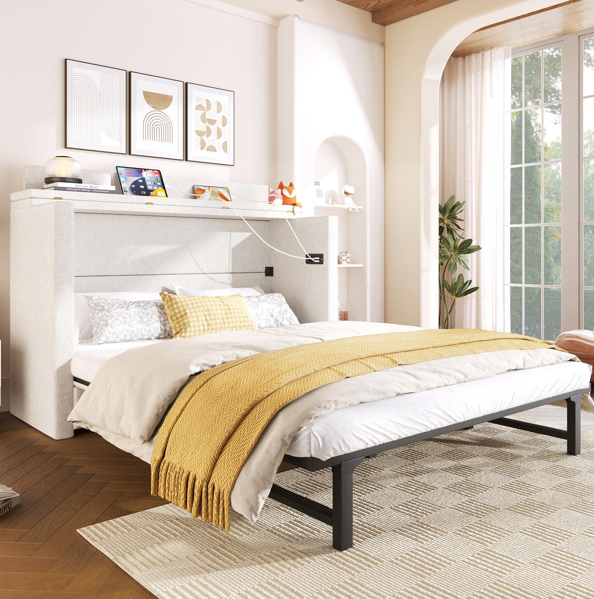 BETT 140/200 cm in Beige mit Schublade und USB- und Type-C-Anschlüssen - Beige, Textil (140/200cm) - Flora Grace