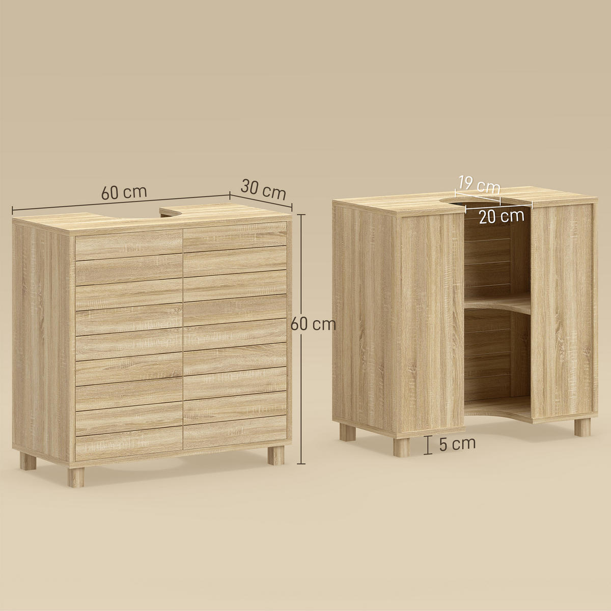 WASCHBECKENUNTERSCHRANK DE-15957 Push-to-Open Naturholz - Naturfarben, Holzwerkstoff (60/60/30cm) - ComfortXL