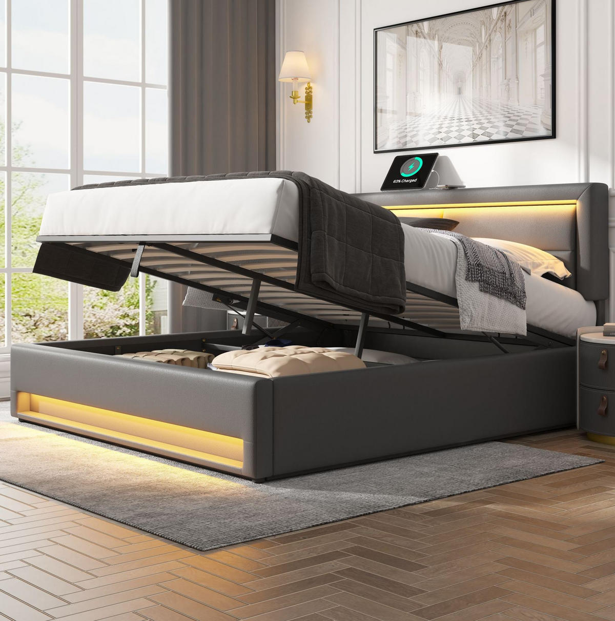 POLSTERBETT mit Stauraum, USB und LED 160x200 cm PU Grau - Grau, Metall (160/200cm) - Meubliv