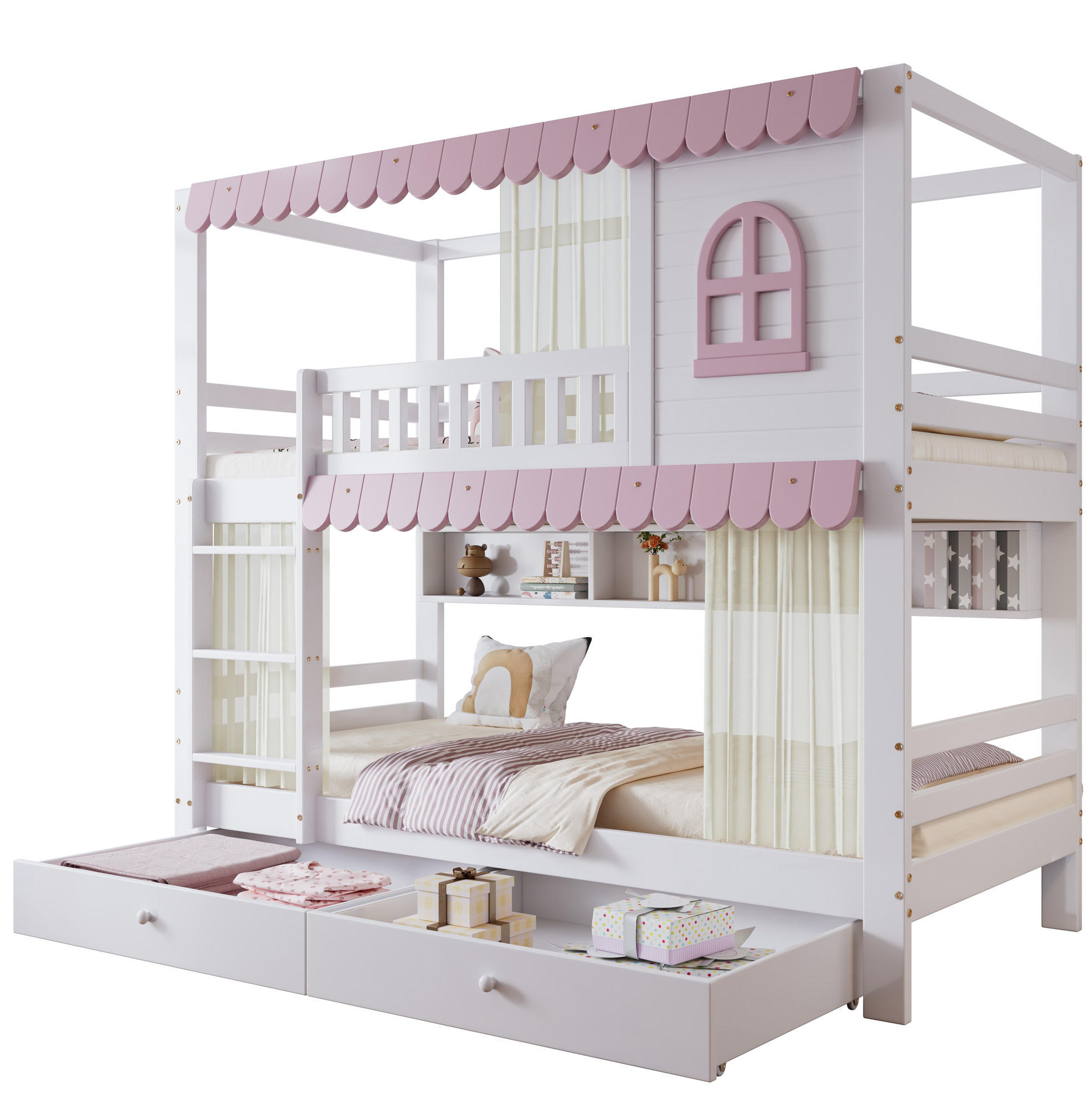 ETAGENBETT 90/200 cm mit Fallschutz, Fenster, Vorhängen, Regalen und 2 Schubladen, Weiß/Rosa - Weiß, Holzwerkstoff (90/200cm) - Redom