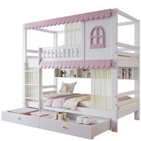 ETAGENBETT 90/200 cm mit Fallschutz, Fenster, Vorhängen, Regalen und 2 Schubladen, Weiß/Rosa - Weiß, Holzwerkstoff (90/200cm) - Redom