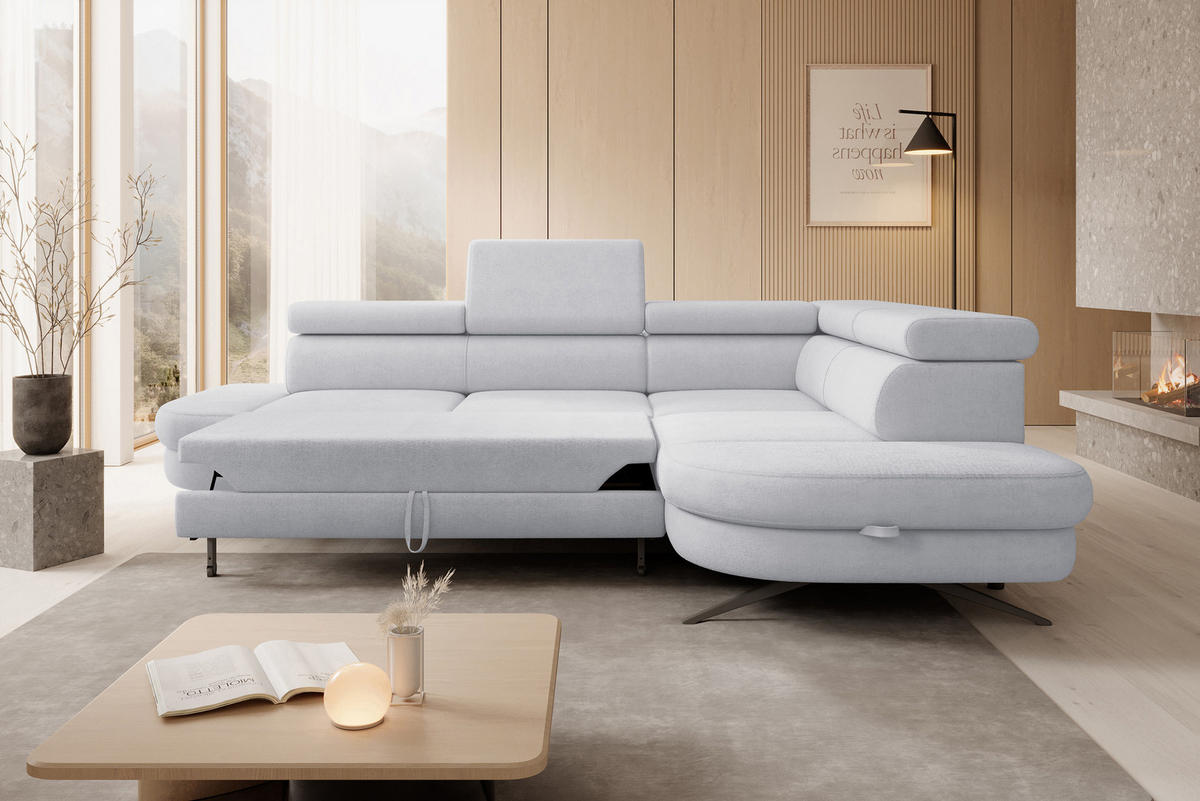 ECKSOFA OTIS L-förm, Schlaffunktion, verstellbare Kopfstützen, in AURORA-Stoff, lose Rückenkissen, freistehend, RECHTS 276x218x97 cm Stainless colour - Edelstahlfarben, Holz/Textil (276/218cm) - DomoHome