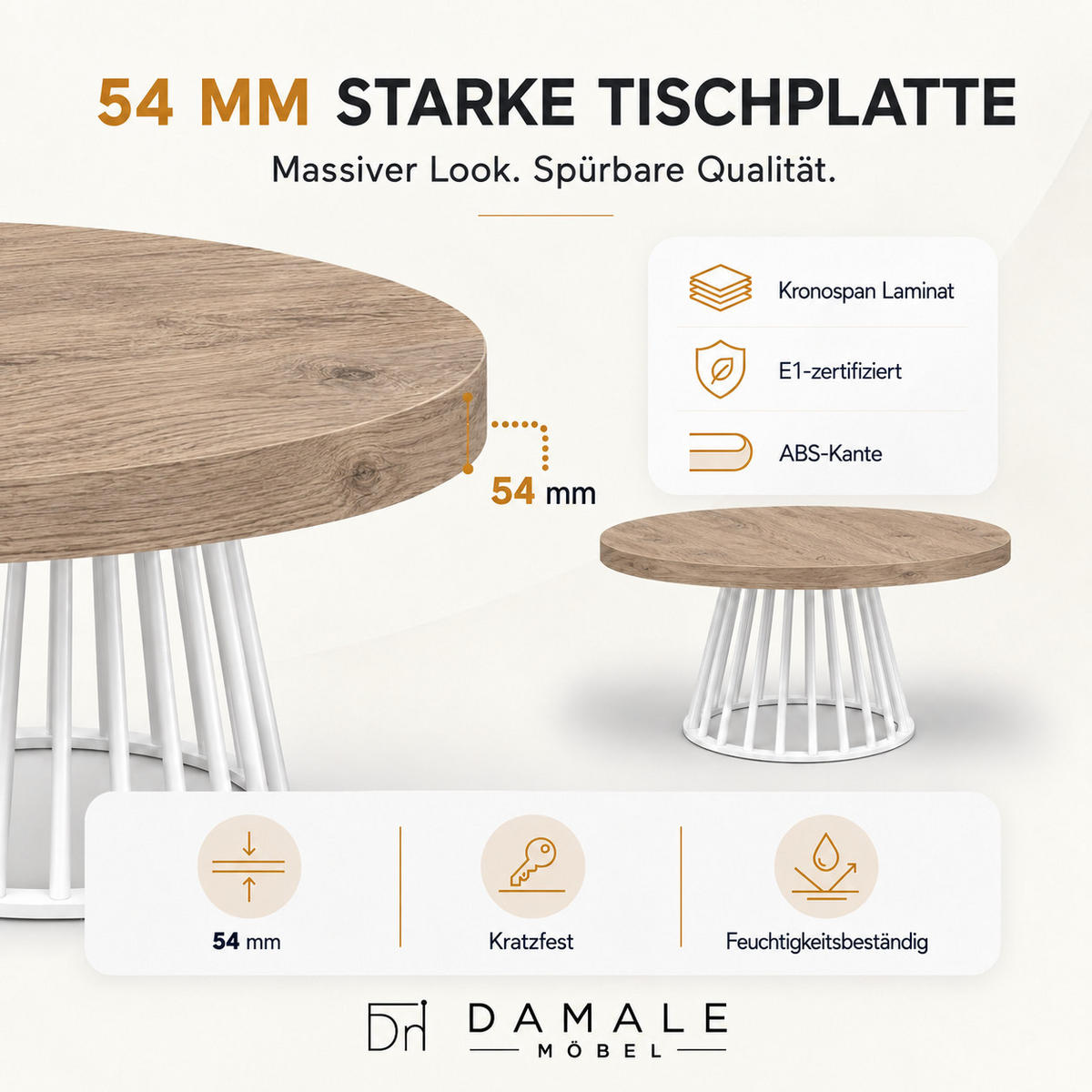 ESSTISCH rund ausziehbar 100/300/76 cm, Eiche Halifax Egger, 54 cm Tischplatte + Lamellen-Metallgestell Weiß - Eichefarben/Graubraun, Holzwerkstoff/Metall (100/300/76cm) - Damale Möbel