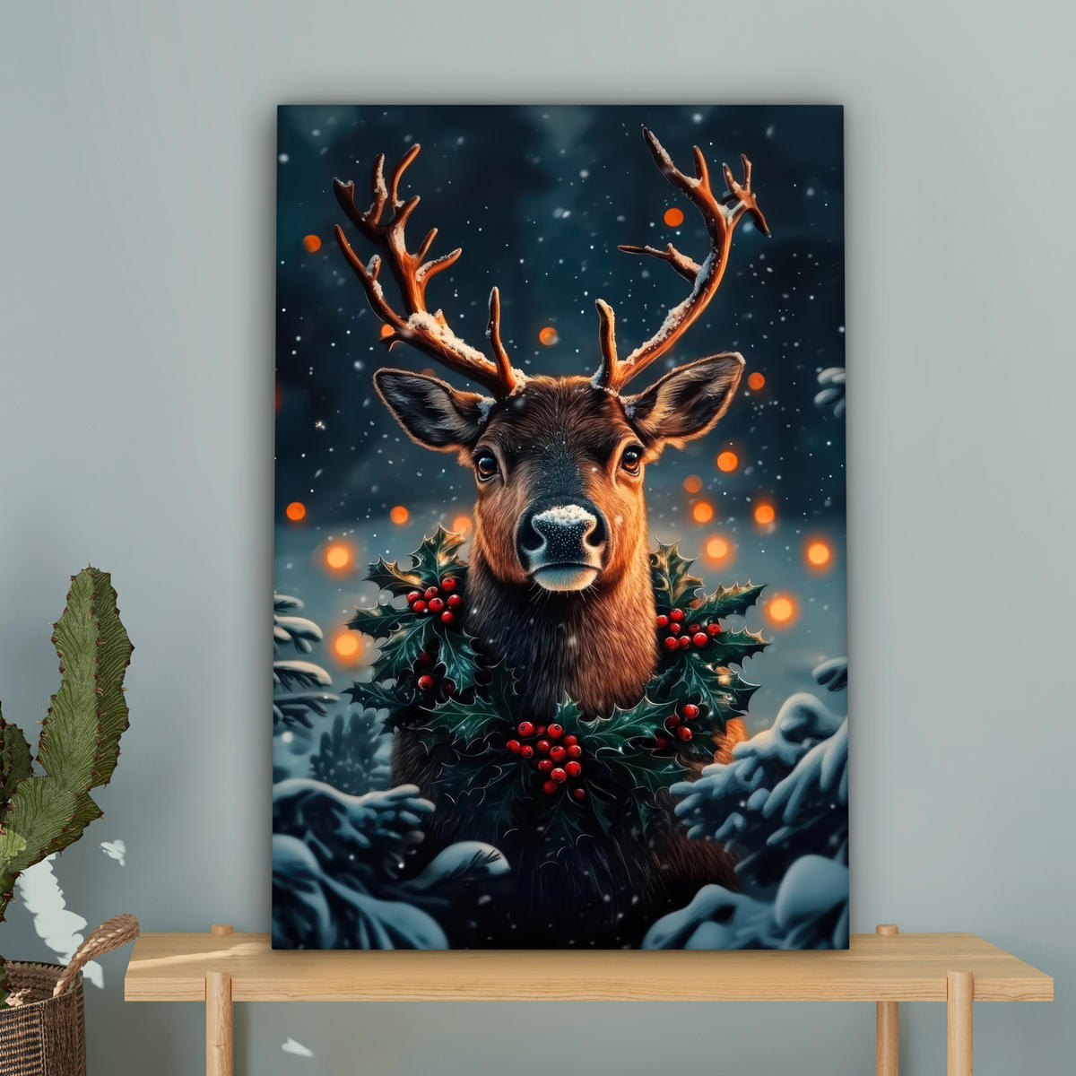 LEINWANDBILD Hirsch - Weihnachten - Winter - Schnee - Weihnachtskranz Wanddeko 40x60 cm - Dunkelbraun, Textil (40/60cm) - MuchoWow