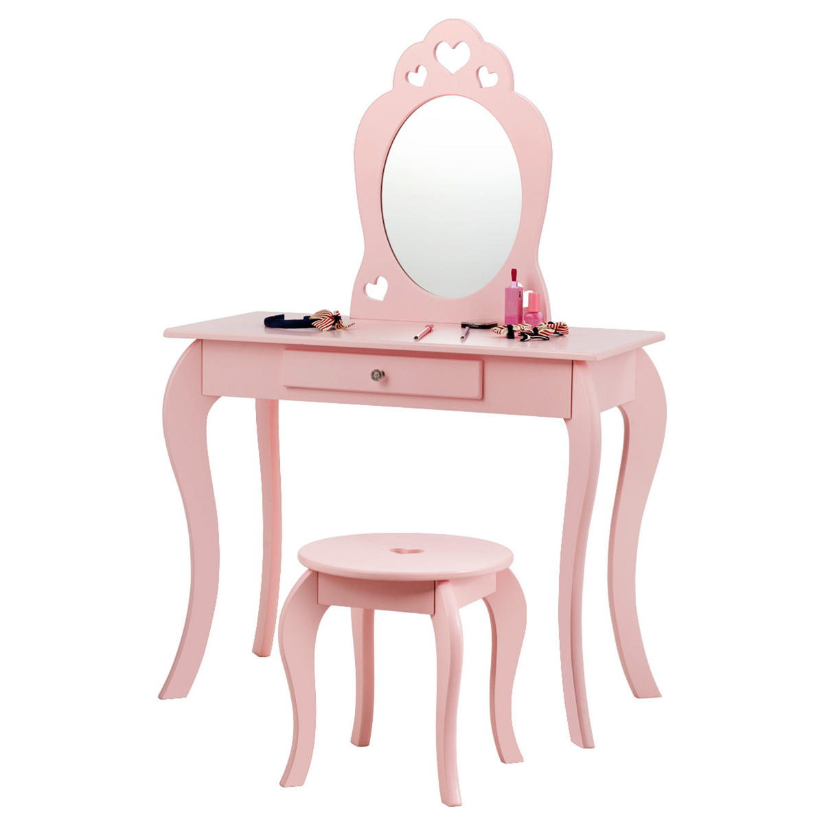 KINDER SCHMINKTISCH mit Hocker Spiegel Pink - Pink, Holz (34/105/70cm) - COSTWAY