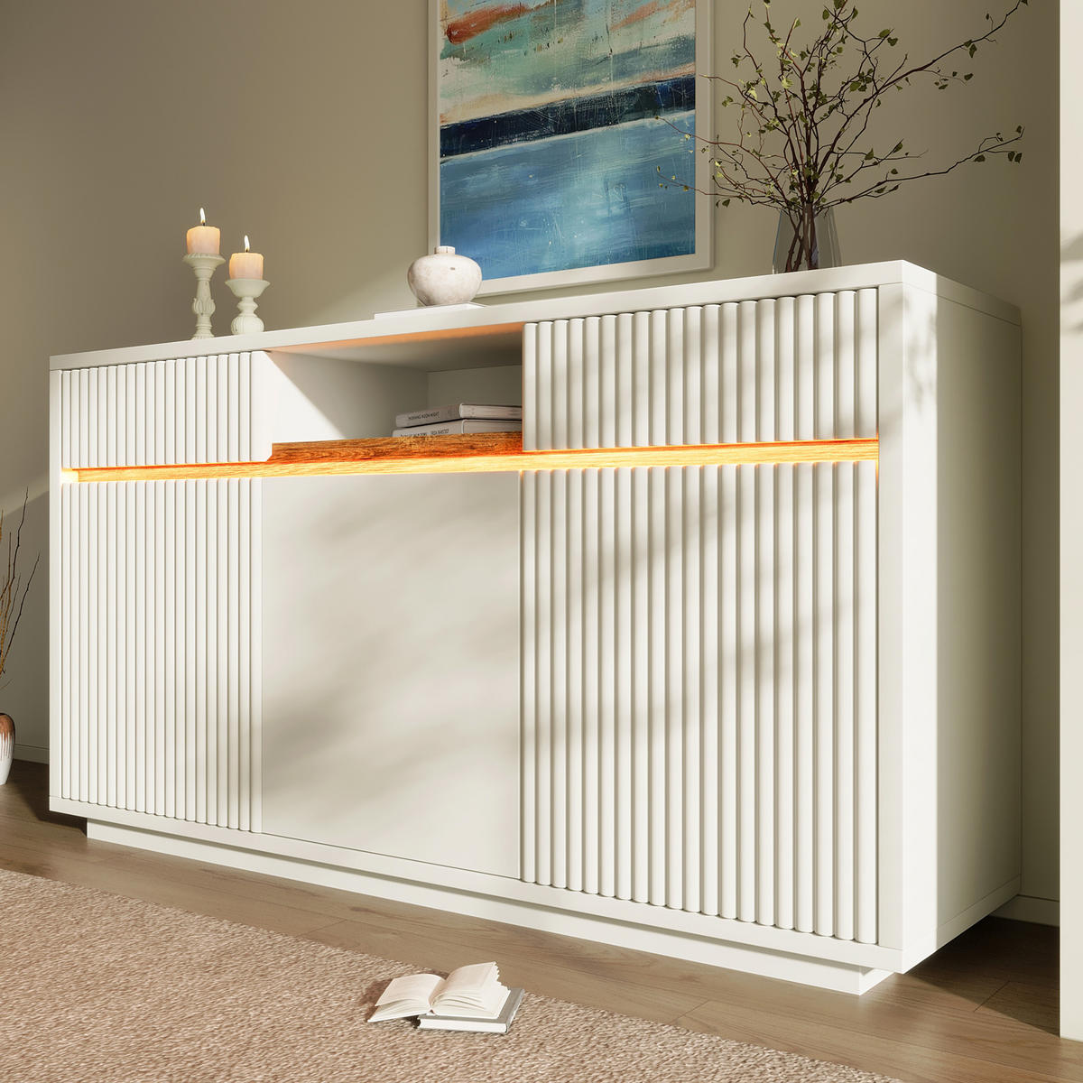 SIDEBOARD 140/40/85 cm in Weiß mit LED und 2 Schubladen - Weiß, Holzwerkstoff (140/85/40cm) - CHICFURN