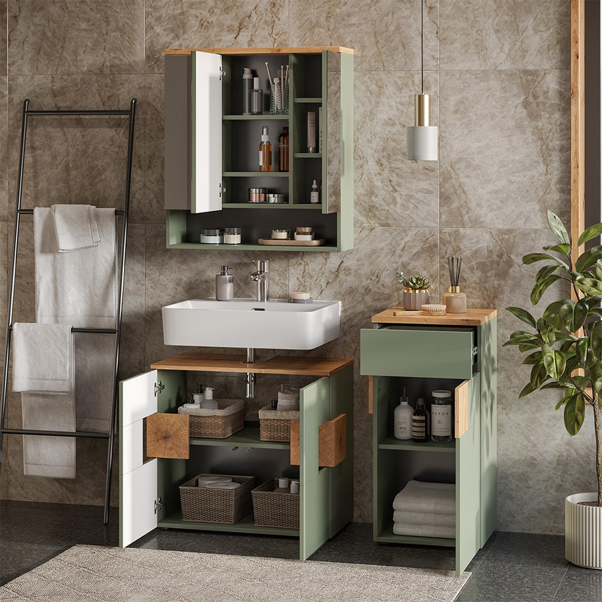 BADMÖBEL-SET Eden Grün/Artisan 3 Teile - Hellgrau/Grün, Holzwerkstoff (73/64/37cm) - Vicco