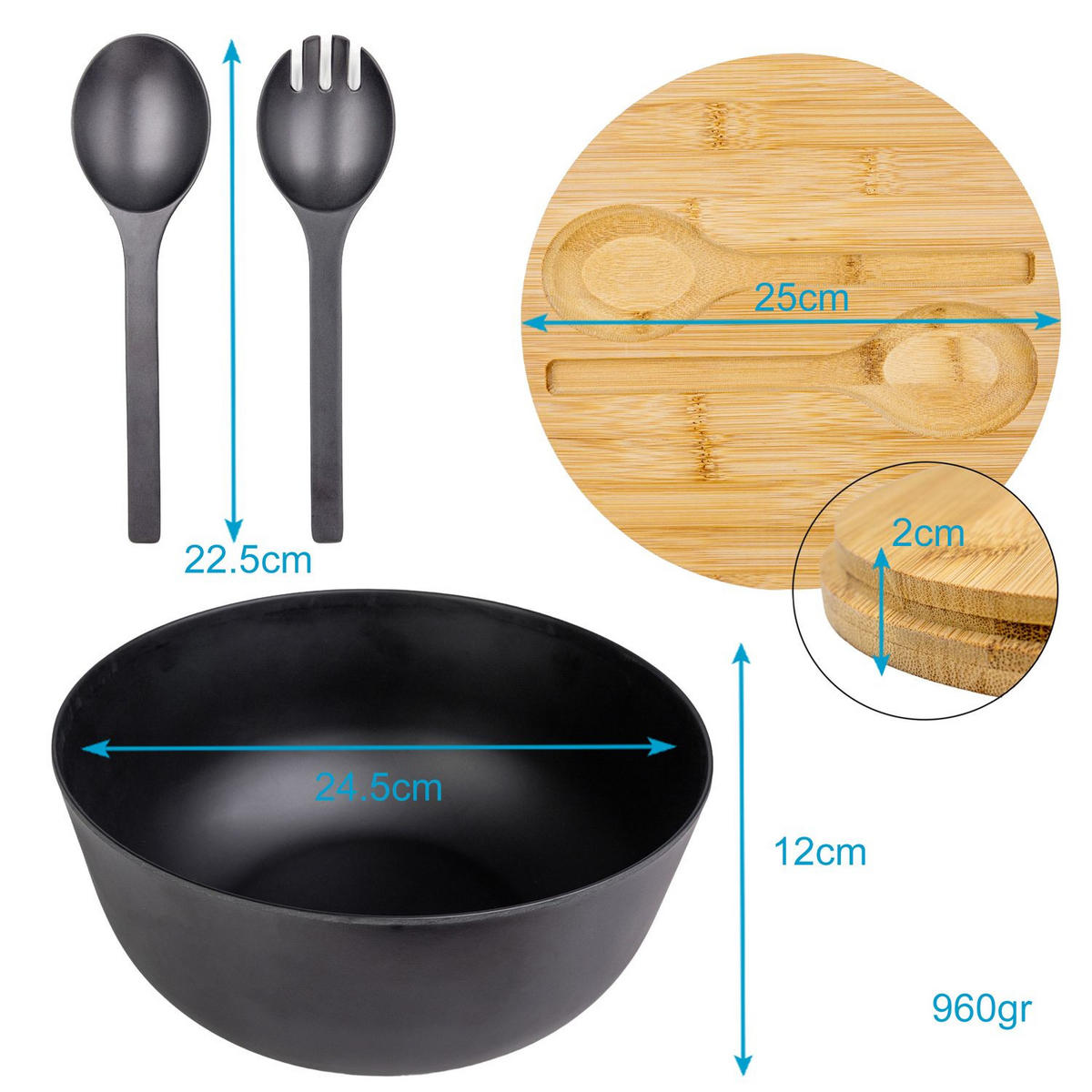 SALATSCHÜSSEL mit Besteck - Schwarz, Kunststoff (24.5cm) - Intirilife