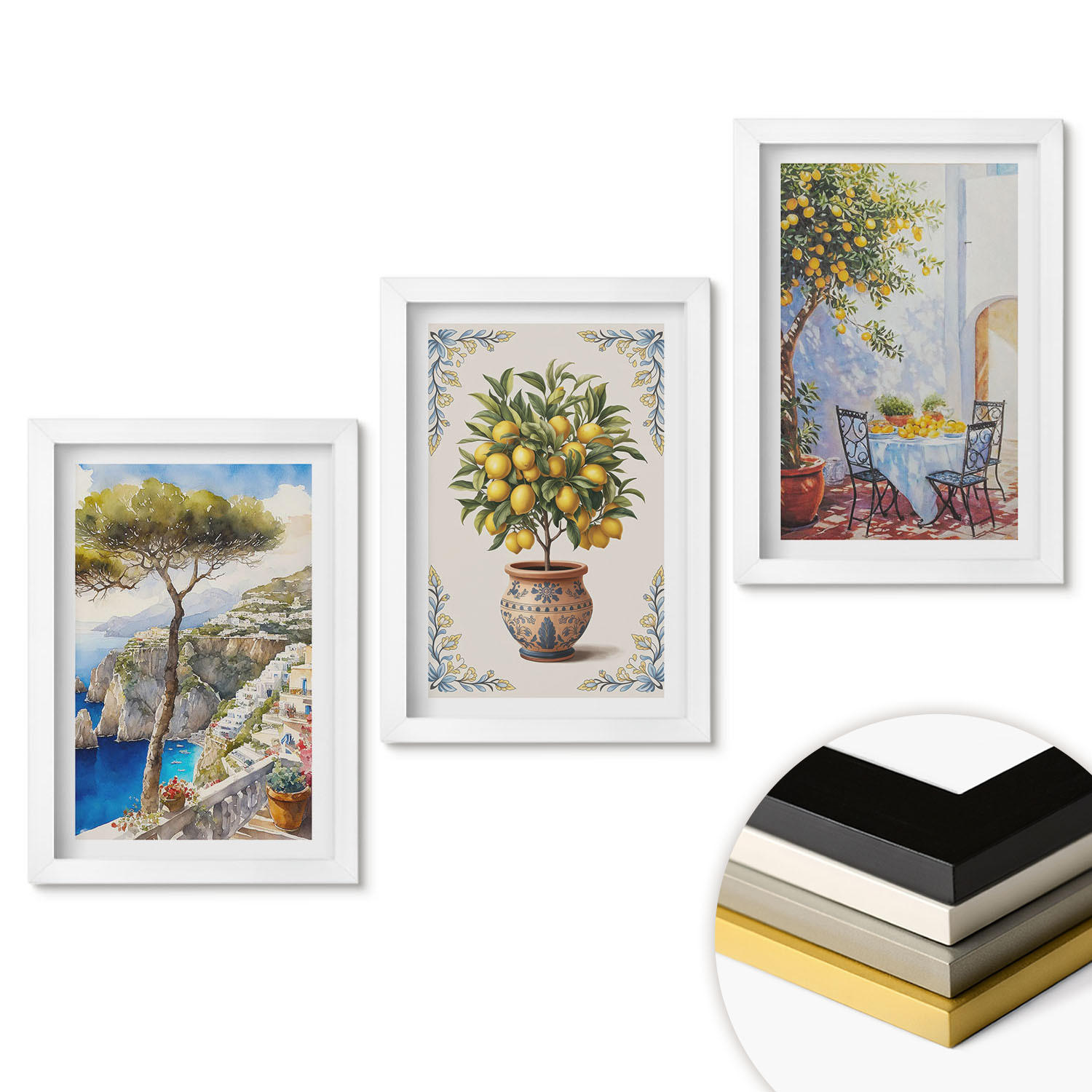 WANDBILDER 3er-Set - 20x30 cm Weißer Rahmen - Tisch aus Zitronenbaum - Weiß, Kunststoff (20/30cm) - ArtPrintCave