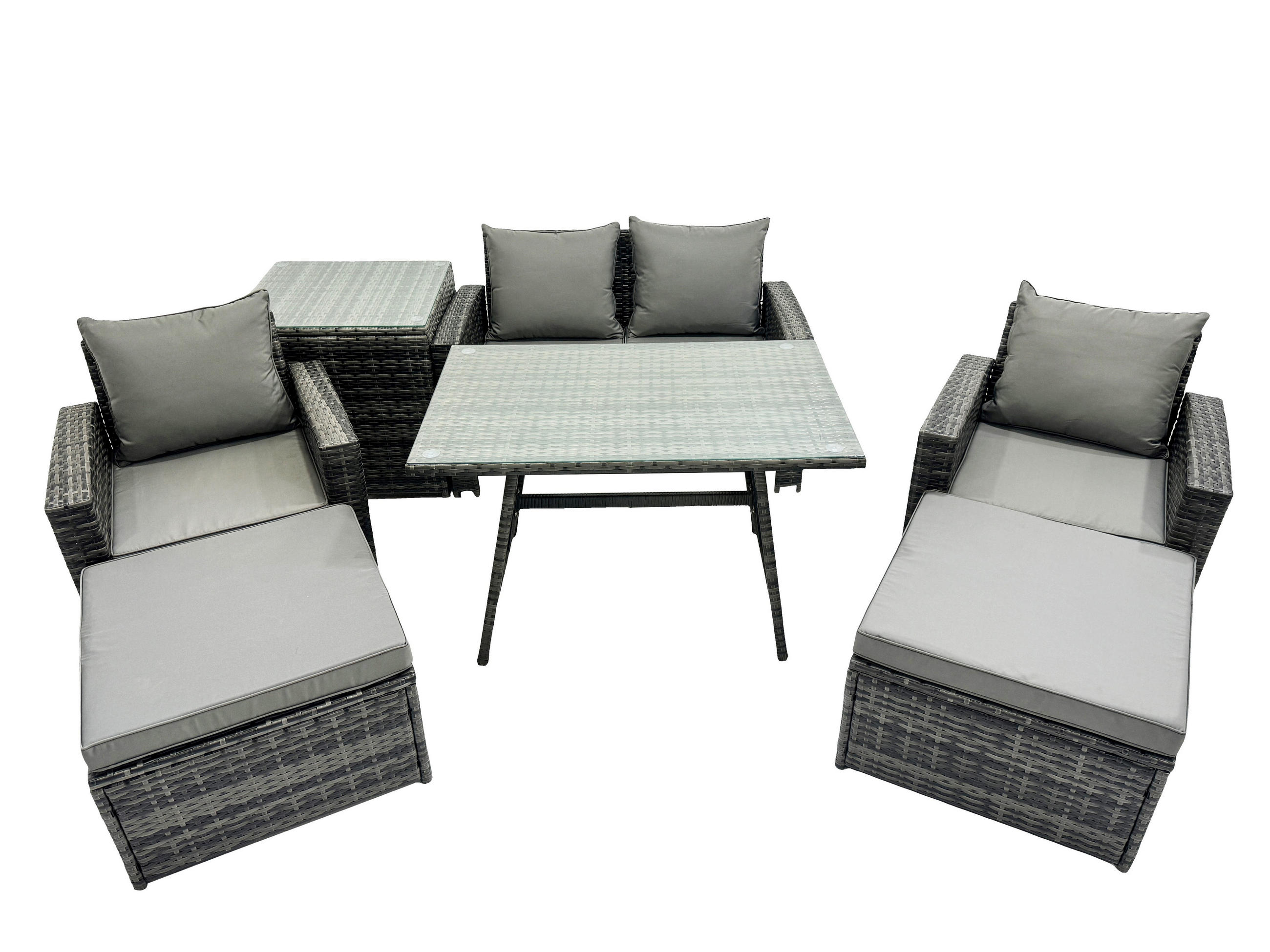 GARTENMÖBELSET mit ESSTISCH,HOCHLEHNER-SOFA Polyrattan Dunkelgrauer Mix 6-Sitzer - Dunkelgrau/Grau, Glas/Kunststoff - Fimous