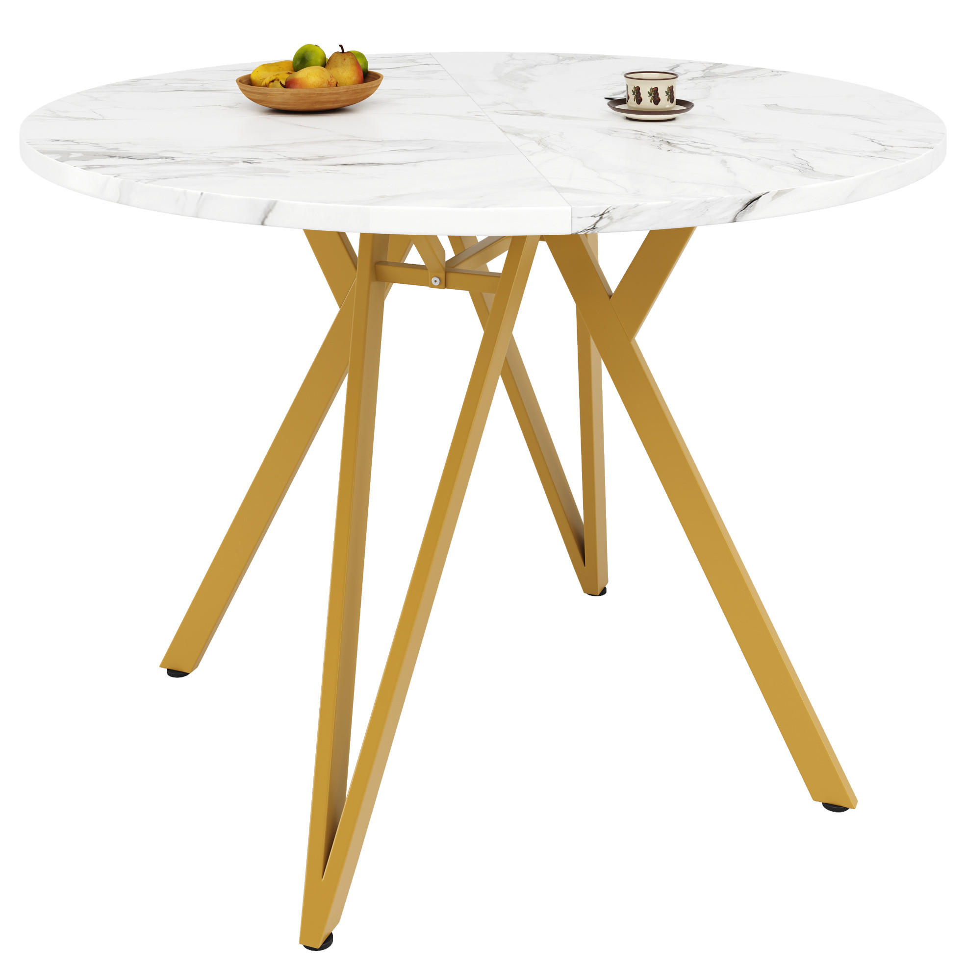 Redom JÍDELNÍ stůl 100/100/76 cm s mramorovým MDF topem a kovovou podnoží, Zlatá