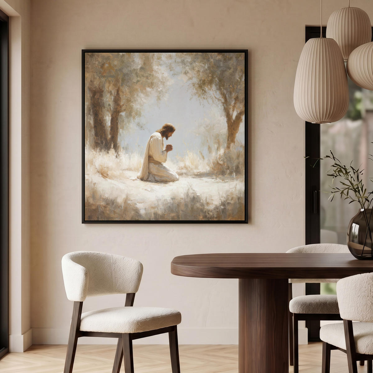 LEINWAND Bilder mit Rahmen - Jesus - Kniend - Waldlandschaft - Betend - 90x90 - Beige, Textil (90/90cm) - MuchoWow