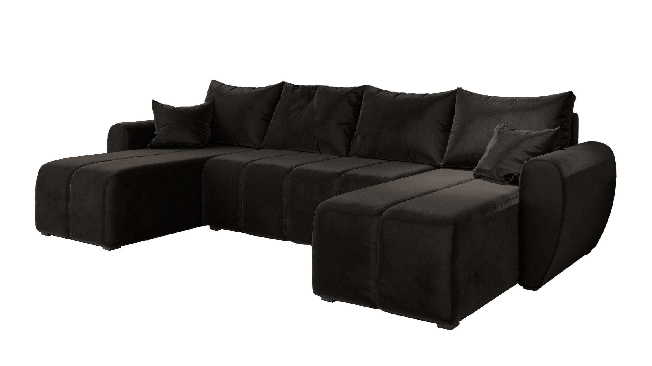WOHNLANDSCHAFT MADISON U Schwarz Plüsch-Stoff mit Schlaffunktion - Schwarz, Holz (311/82/145cm) - MASSENO