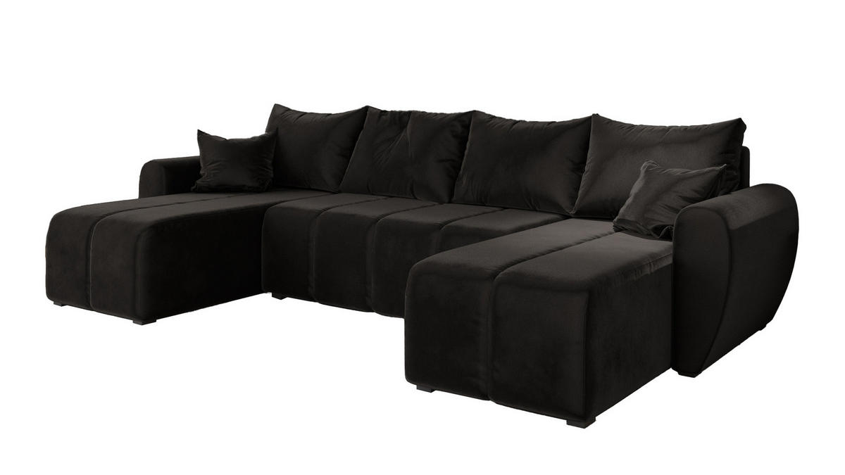 WOHNLANDSCHAFT MADISON U Schwarz Plüsch-Stoff mit Schlaffunktion - Schwarz, Holz (311/82/145cm) - MASSENO