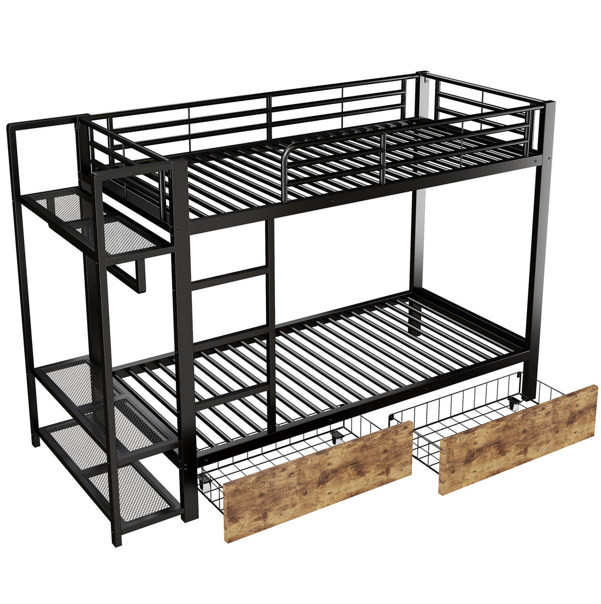 ETAGENBETT aus Metall 90x200 cm Schwarz mit LED-Lichtleiste, 2 Schubladen, Regalen und Kleiderstange - Schwarz, Metall (90/200cm) - Modfu